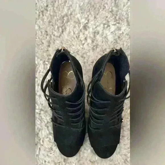 Jessica Simpson black suede like open toe elastic strap heels - Picture 2 of 10